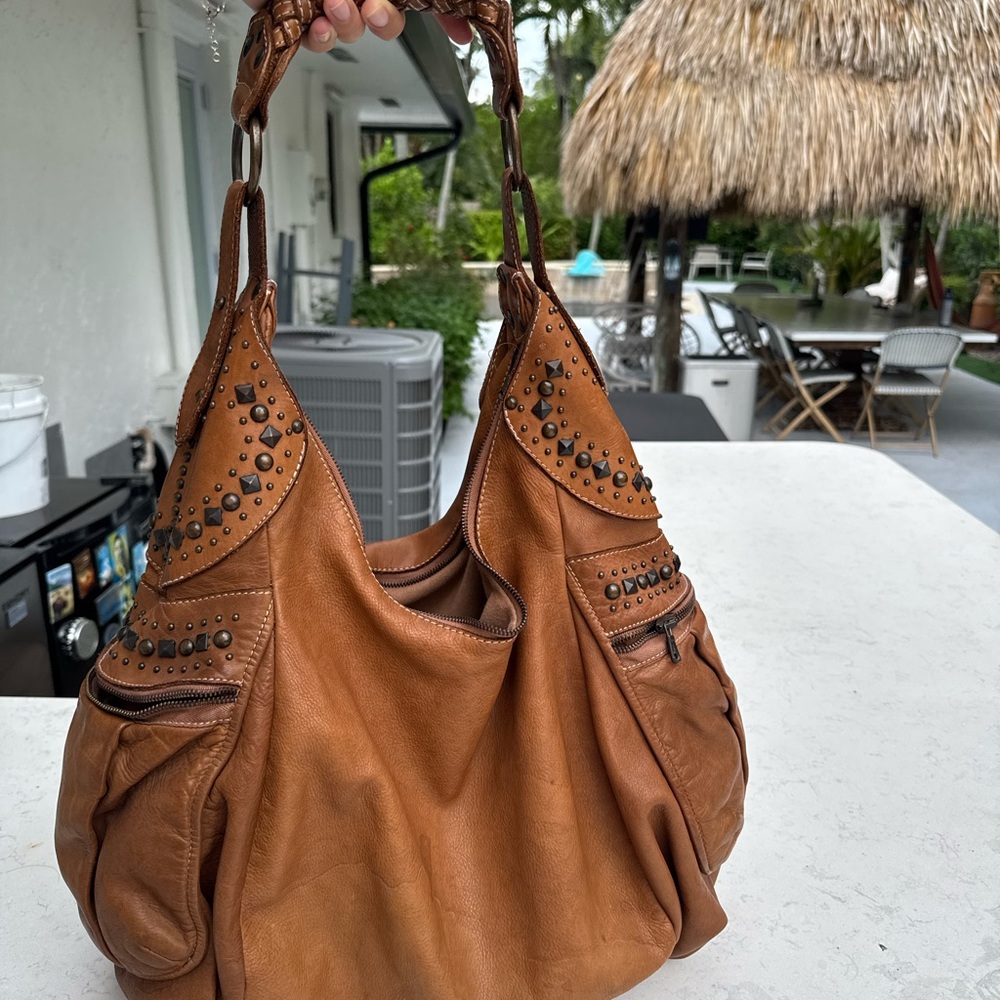 Giorgio Brato Brown Studded Leather Hobo Bag